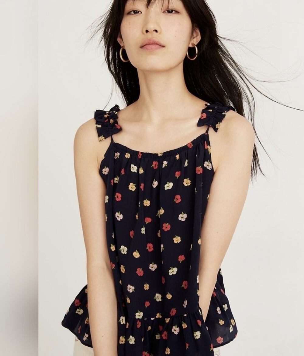 Madewell Women's 2 Silk Tank Top Navy Floral Ruffle Strap Camisole
